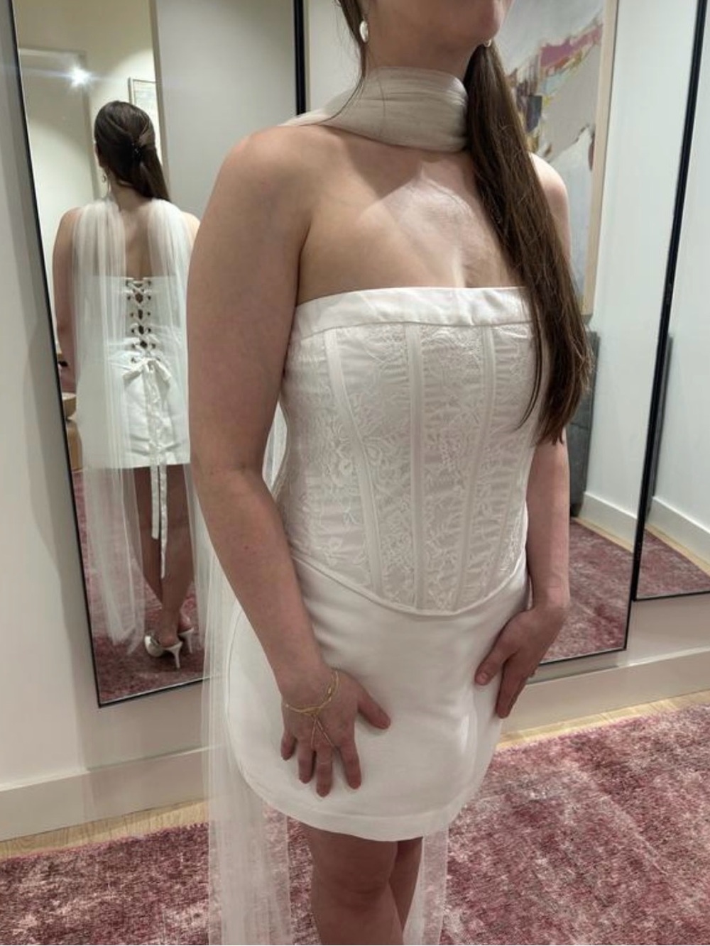 BHLDN White Strapless Corset Mini Dress with Sheer Neck Scarf
